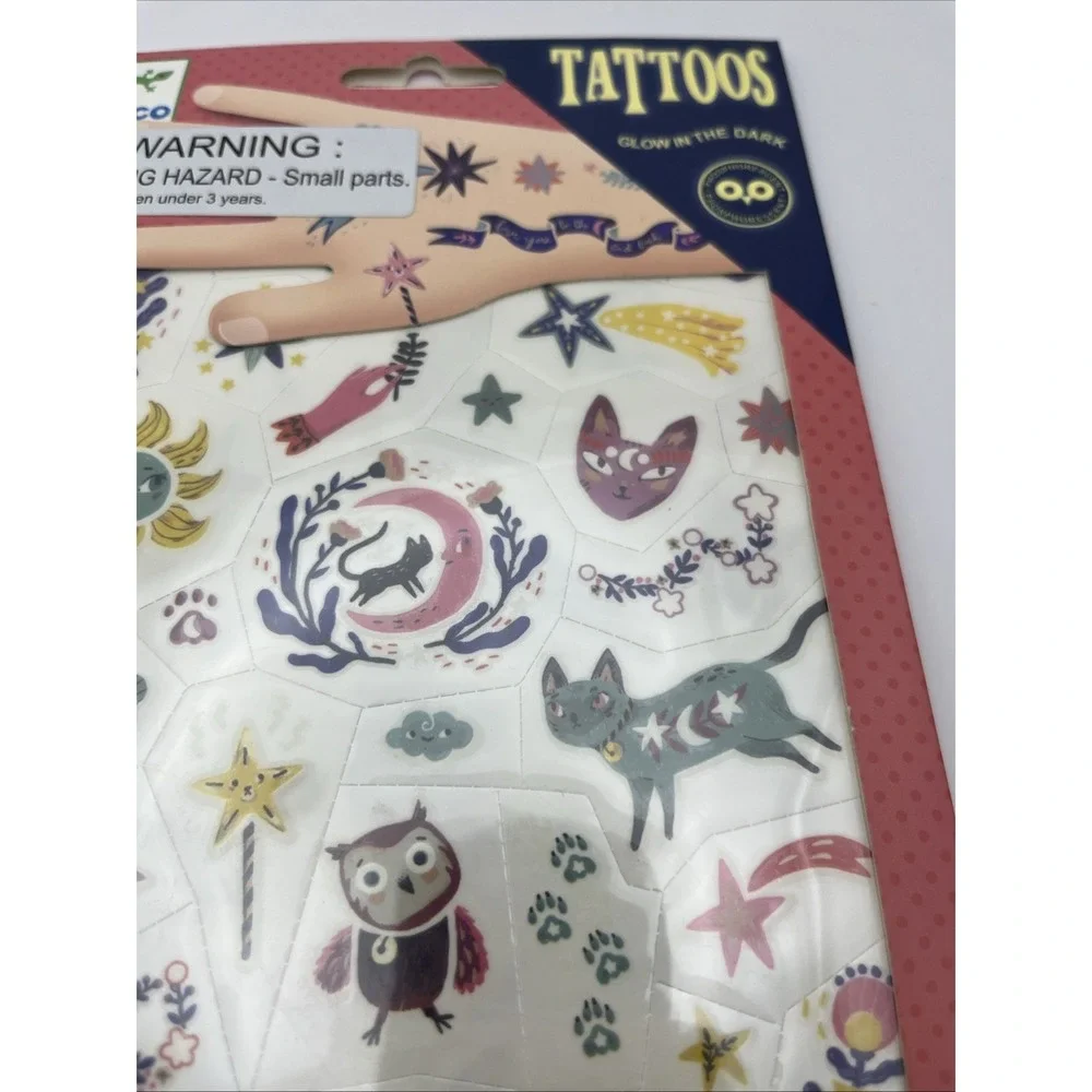 Djeco Glow In The Dark Temporary Tattoos Kids Animals Sun Moon Stars NEW